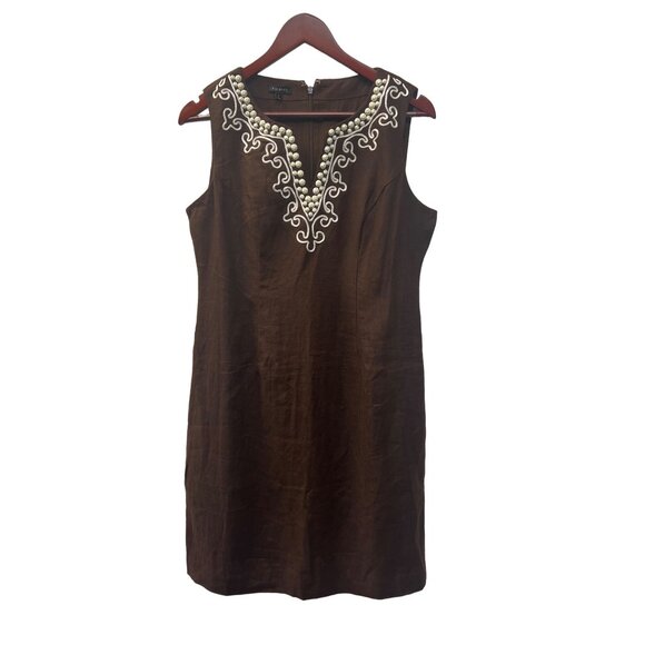 Talbots NWT Brown Linen with White Embroidery Sleeveless Shift Dress - Picture 2 of 8